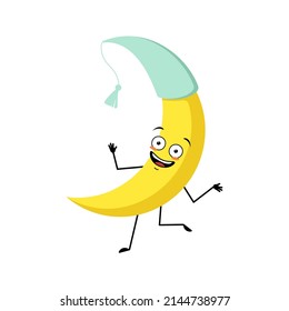 Cute moon character in nightcap with crazy happy emotion, joyful face, smile eyes, dancing arms and legs. Person with funny expression and pose. Vector flat illustration