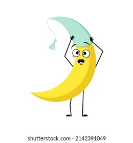 Cute moon character in nightcap and emotions in panic grabs his head, surprised face, shocked eyes, arms and legs. Person with melancholy expression and pose. Vector flat illustration