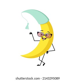Cute moon character in nightcap with glasses and happy emotion, face, smile eyes, arms and legs. Person with funny expression and pose. Vector flat illustration