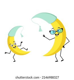 Cute moon character in nightcap with glasses and grandson dancing character with happy emotion, joyful face, smile eyes, arms and legs. Person with funny expression and pose. Vector flat illustration
