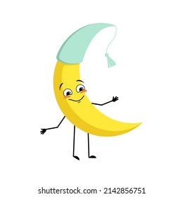 Cute moon character in nightcap with happy emotion, joyful face, smile eyes, arms and legs. Person with funny expression and pose. Vector flat illustration