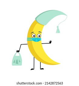 Cute moon character in nightcap with sad emotions, face and mask keep distance, hands with shopping bag and stop gesture. Person with care expression and pose. Vector flat illustration