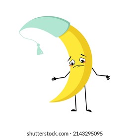 Cute moon character in nightcap with sad emotions, depressed face, down eyes, arms and legs. Person with melancholy expression and pose. Vector flat illustration