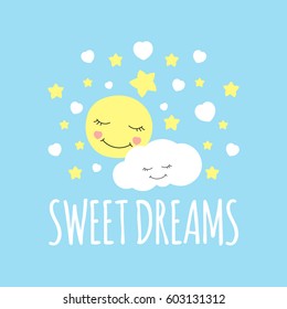 Cute moon with cloud print vector. Sweet dream background. Design for bed sleeping poster, pillow illustration, fashion patches stickers, t-shirt apparel clothing or children fabric.