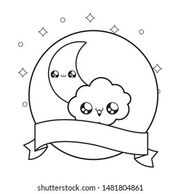 cute moon with cloud and ribbon decoration kawaii style