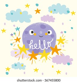 cute moon and cloud says hello. vector illustration. Card for kids.