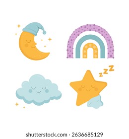 Niedlicher Mond, Wolke, schlafender Stern und pastellfarbener Regenbogen in sanften Farben. Perfekte Cartoon-Illustration für Babyprodukte, Kindergarten-Design, Bettzeit-Themen und Kinderdekoration.