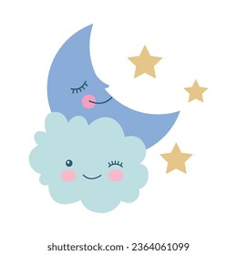 süßer Mond und Wolken zwischen Sternenkartoons. Vektorgrafik