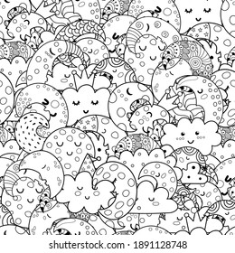 Cute moon and clouds black and white seamless pattern. Doodle coloring page with cosmic characters. Vector illustration