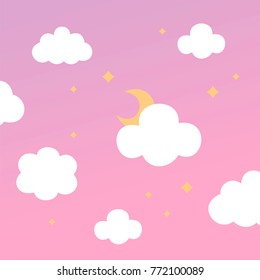 
cute moon in the clouds. Child illustration. Moon and clouds on a pink background. Vector illustration