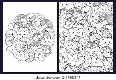 Cute moon and clouds coloring pages set. Doodle background templates with cosmic characters in US Letter format. Vector illustration