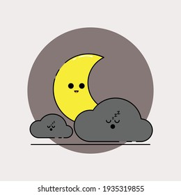 luna linda y nubes Ilustración, nubes de sueño e icono de luna de la cara feliz. Icono vectorial del tiempo simple, símbolo gráfico plano en estilo de diseño plano de moda.