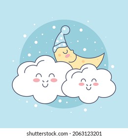 cute moon and clouds night cartoon