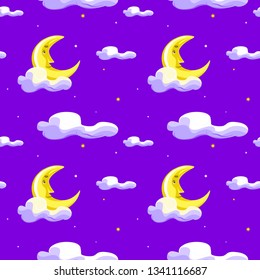 Cute moon, clouds and night sky with stars seamless pattern. Vector hand drawn illustration. Texture for printing, wrapping, wallpaper, fabric, and textile. 