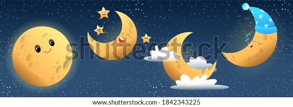 Cute moon collection. Illustration for\
children, happy moon, sleep moon, cartoon character in the sky.\
Night, stars. Vector\
illusrtation