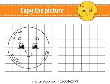 Cute moon. Copy the picture. Coloring book pages for kids. Education developing worksheet. Game for children. Handwriting practice. Funny character. Cute cartoon vector illustration.