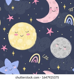 Cute moon, crescent, planet and stars on the night background with clouds. Hand drawn vector seamless pattern. Illustration for kids room and fabric design.