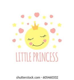 Cute moon in crown print vector. Little princess background. Design for girls poster, illustration, fashion patches stickers, t-shirt apparel clothing or children fabric.