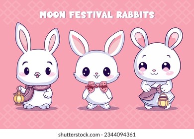Cute moon festival rabbits with lantern. Mid autumn. Vector illustration.