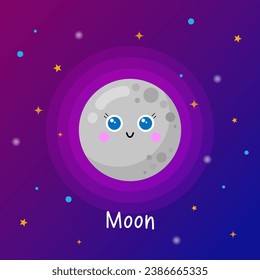 Cute moon in flat cartoon style. Vector illustration. Space learning for children. Astronomy poster for education.