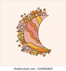 cute moon in funny style in orange color surrounded by orange, pink flowers isolated on light background. Autumn moon with flowers.
