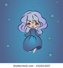 Cute Moon Girl in dress and stars vector illustration