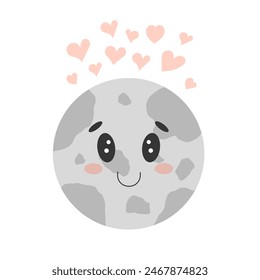 Cute moon with hearts. Kawaii face, kids illustration. Love you to the moon. Good night sleep. Vector isolated on white background.