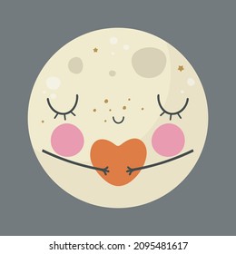 Cute moon holds the heart in his hands. Greeting card or poster for children's room, printing on the pack, wallpaper, printing on clothes or utensils. Characters. Vector illustration in cartoon style.