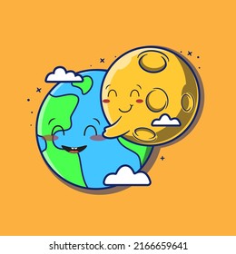 cute moon huging earth cartoon