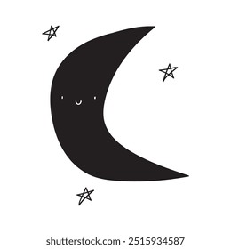 Cute moon icon. Childish design. Silhouette vector illustration on white background.