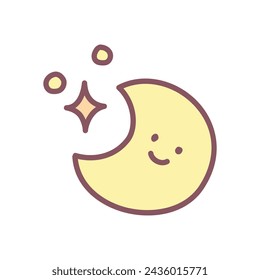 Lindo icono lunar. Ilustración dibujada a mano de una media luna sonriente y estrellas aisladas sobre un fondo blanco. Etiqueta Kawaii. Vector 10 EPS.