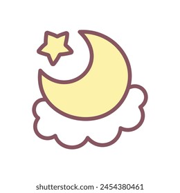 Lindo icono lunar. Ilustración dibujada a mano de una luna creciente con la nube y la pequeña estrella aislada en un fondo blanco. Etiqueta Kawaii. Vector 10 EPS.