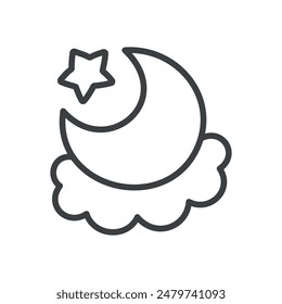 Lindo icono lunar. Ilustración monocroma dibujada a mano de una luna creciente con una nube y una pequeña estrella aislada sobre un fondo blanco. Etiqueta Kawaii. Vector 10 EPS.