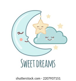 Cute Moon icon with kawaii face isolated on white background.