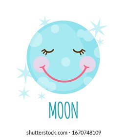 Cute moon icon with stars in flat style isolated on white background. Vector illustration.