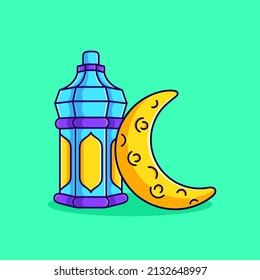 cute moon and islamic lantern illustration. cute happy ramadan kareem cartoon