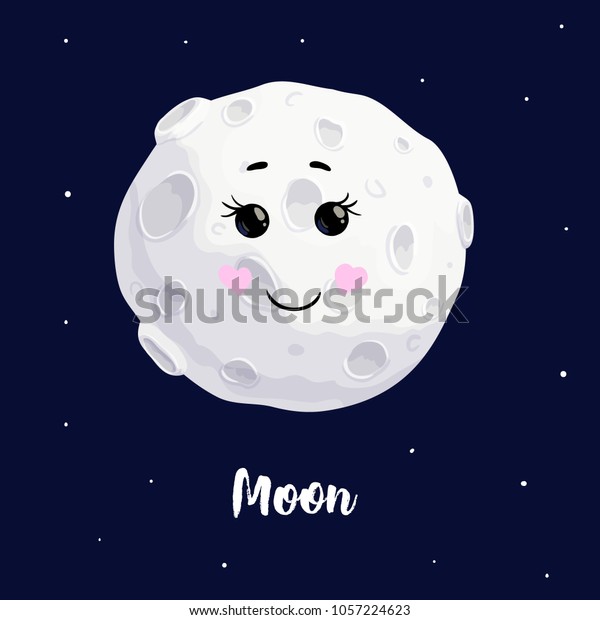 Cute moon kawaii character\
smile open eyes vector illustration cartoon on the dark blue\
background