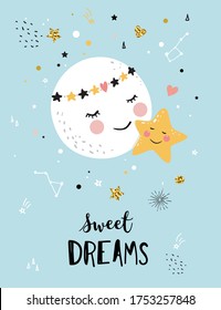 Cute Moon And Little Star, Baby Shower Invitation. Sweet Dreams Card, Nursery Poster, Kids T-shirt Print.