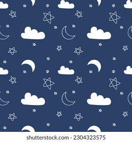 Cute moon, little stars and clouds seamless pattern background 
