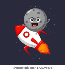 Cute moon mascot riding a rocket