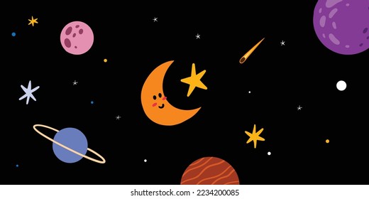 Cute moon, planet and star composition for space background design