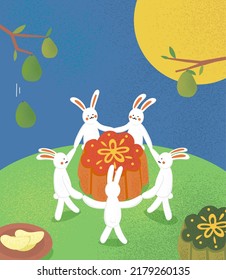 Cute moon rabbits dancing around mooncake under the full moon with pomelo. Mid-Autumn Festival celebration in Taiwan