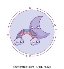 cute moon with rainbow in frame circular kawaii style