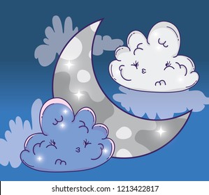 cute moon with sad fluffy clouds