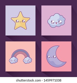 cute moon with set icons kawaii style
