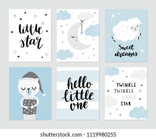 Cute moon, sheep, sleeping bear in pyjama, nursery rhymes. Hand lettering - Little star, sweet dreams, hello little one. Baby shower invitation, greeting card, nursery poster.