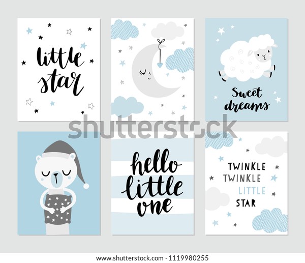 可愛い月 羊 パジャマで眠る熊 童謡 手書き 小さな星 甘い夢 もしもし小さい夢 ベビーシャワーの招待状 グリーティングカード 保育園のポスター のベクター画像素材 ロイヤリティフリー