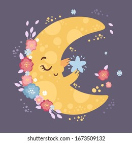 cute moon in the sky, kid poster, postcard, good night, space night, cartoon style