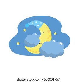 cute moon with sleep hat design and clouds with stars