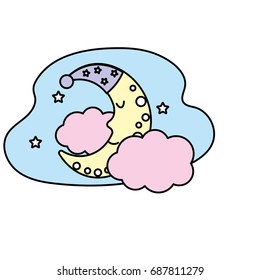 cute moon with sleep hat design and clouds with stars